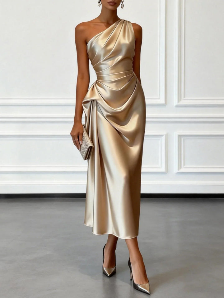 Women's Satin One-Shoulder Cocktail Dress with Draped Waist