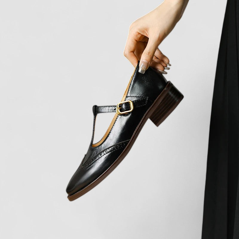 Women's Leather T-Strap Brogue Mary Janes