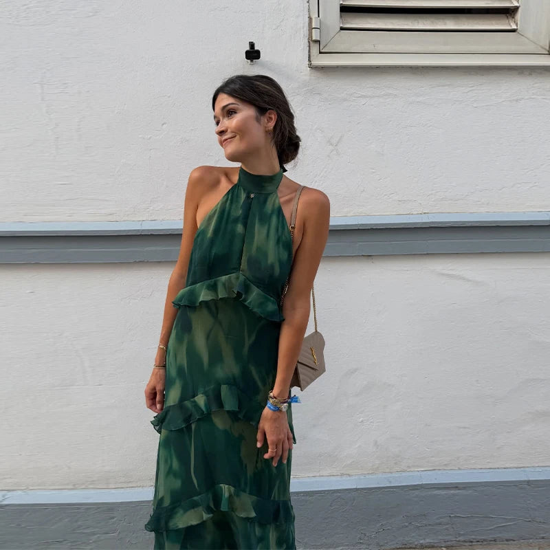 Women's Tiered Ruffle Maxi Dress with Keyhole Neckline