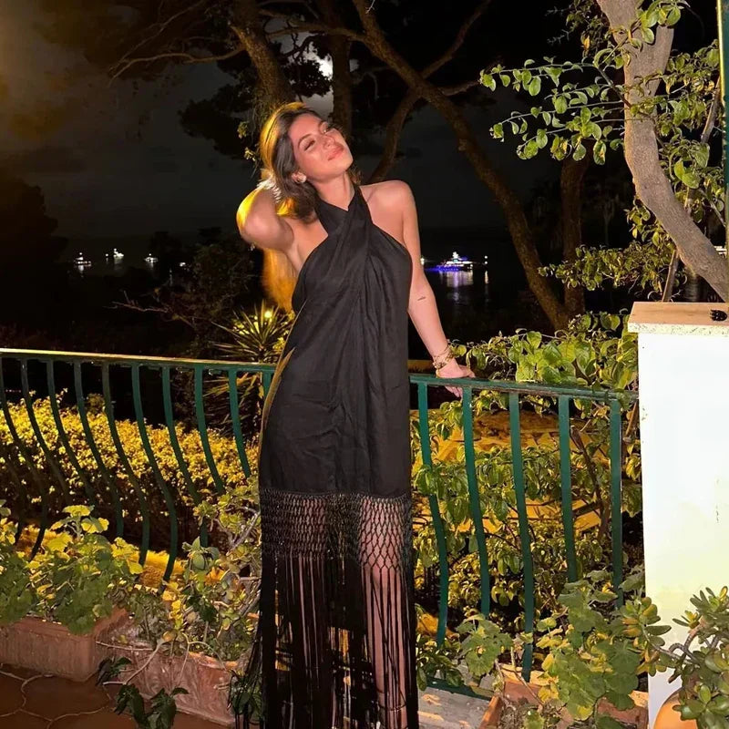Vivienne | Halter Neck Fringe Occasion Midi Dress