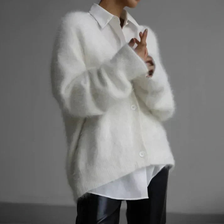 Women's Fluffy Longline V-Neck Cardigan with Drop Shoulders