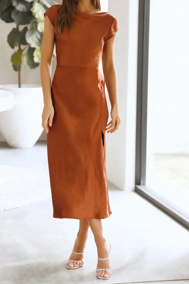 Celeste | Satin Cap Sleeve Evening Midi Dress