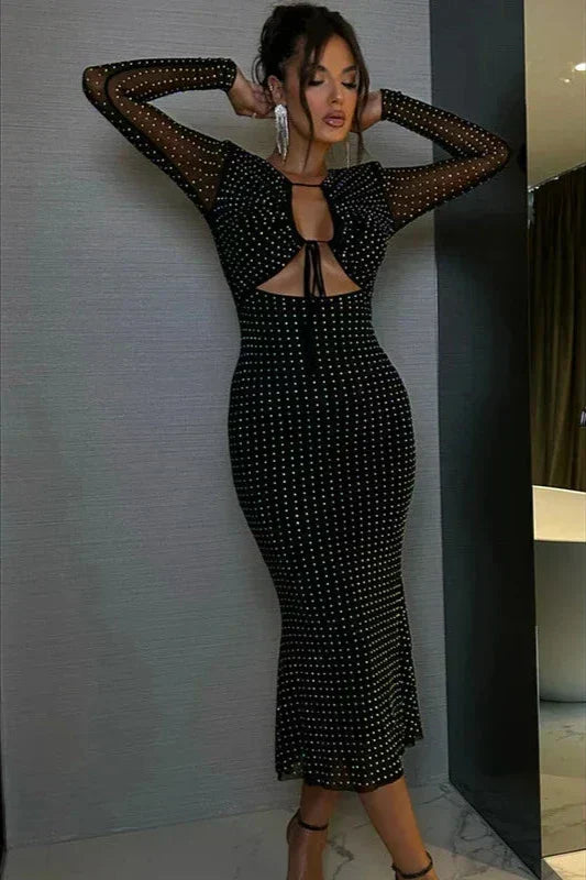 Women's Sheer Mesh Embellished Cutout Midi Dress