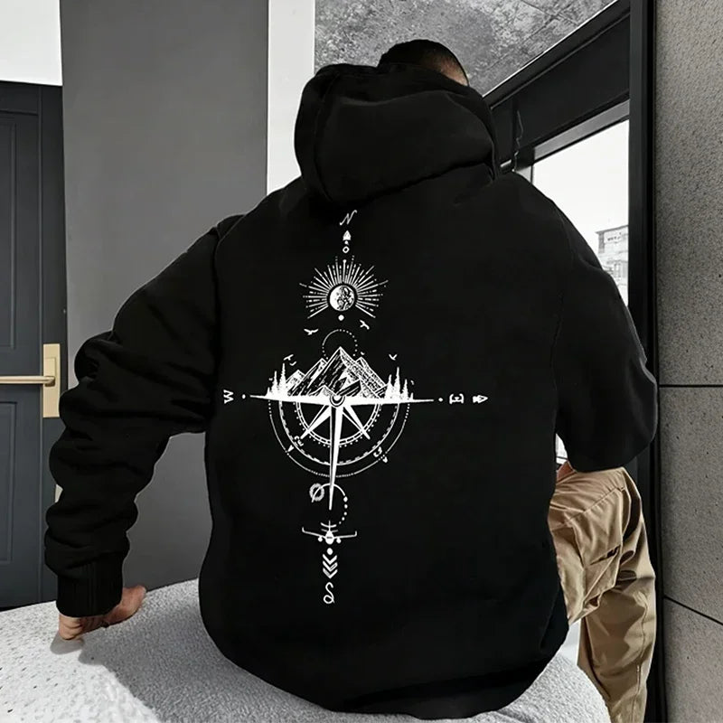 Men's Fleece Compass Graphic Print Pullover Hoodie