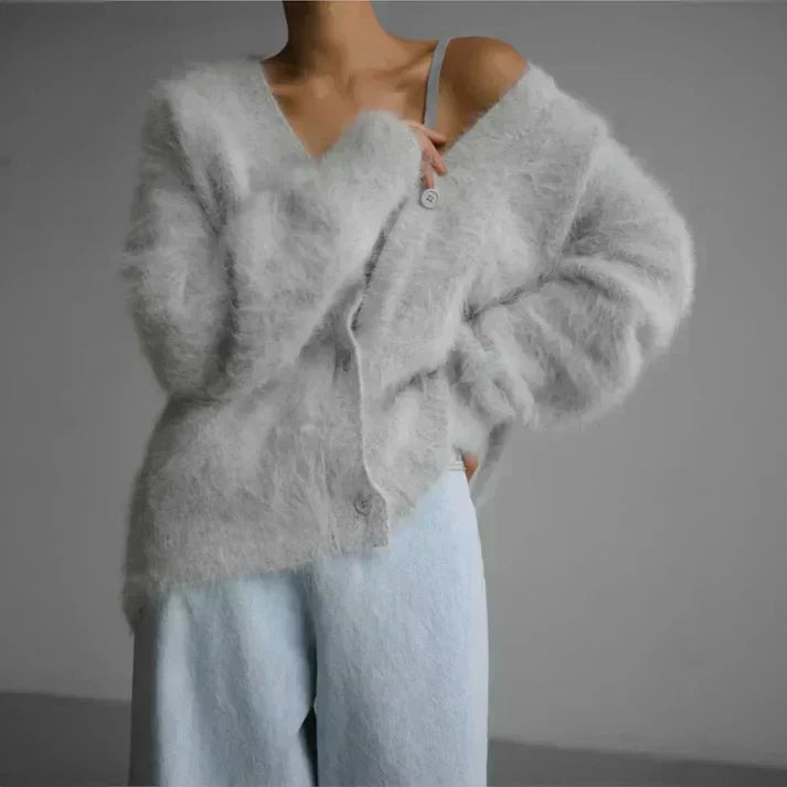 Women's Fluffy Longline V-Neck Cardigan with Drop Shoulders