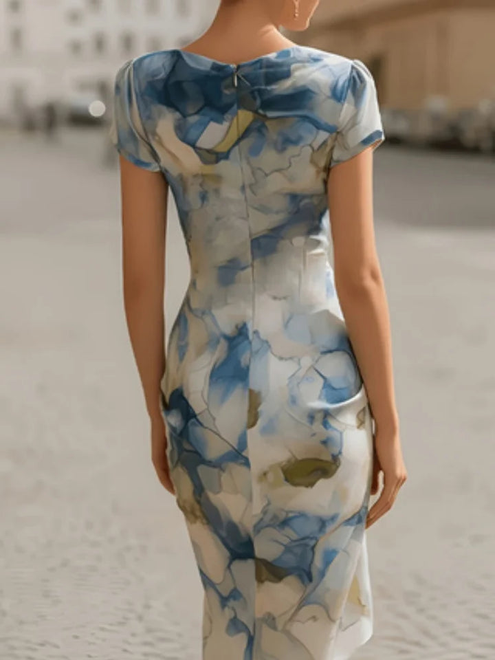 Women's Cowl Neck Ruched Midi Dress with Cap Sleeves