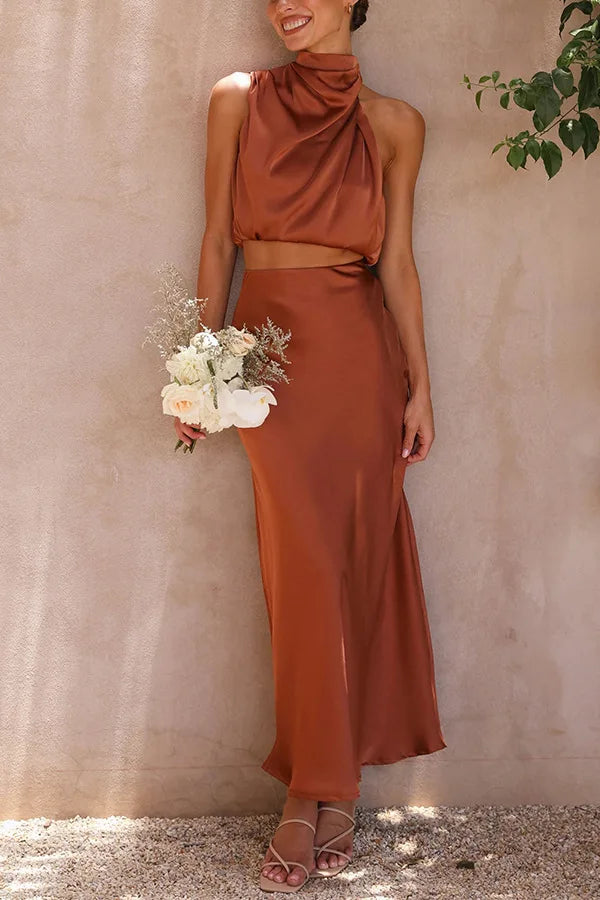 Sienna | Formal High Neck Satin Two Piece Maxi Dress