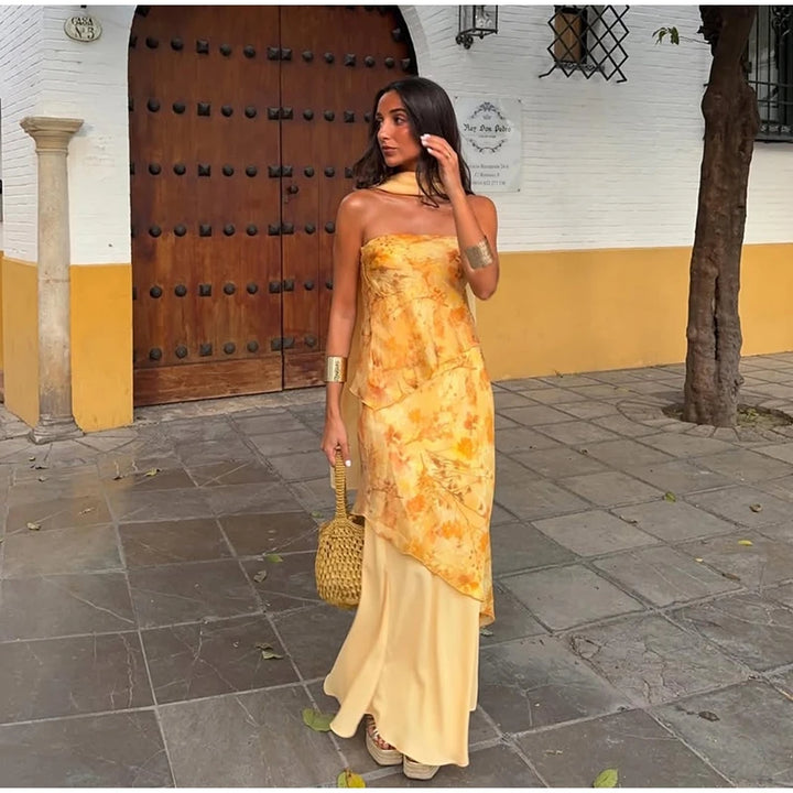 Women's Tiered Ruffle Maxi Dress with Keyhole Neckline