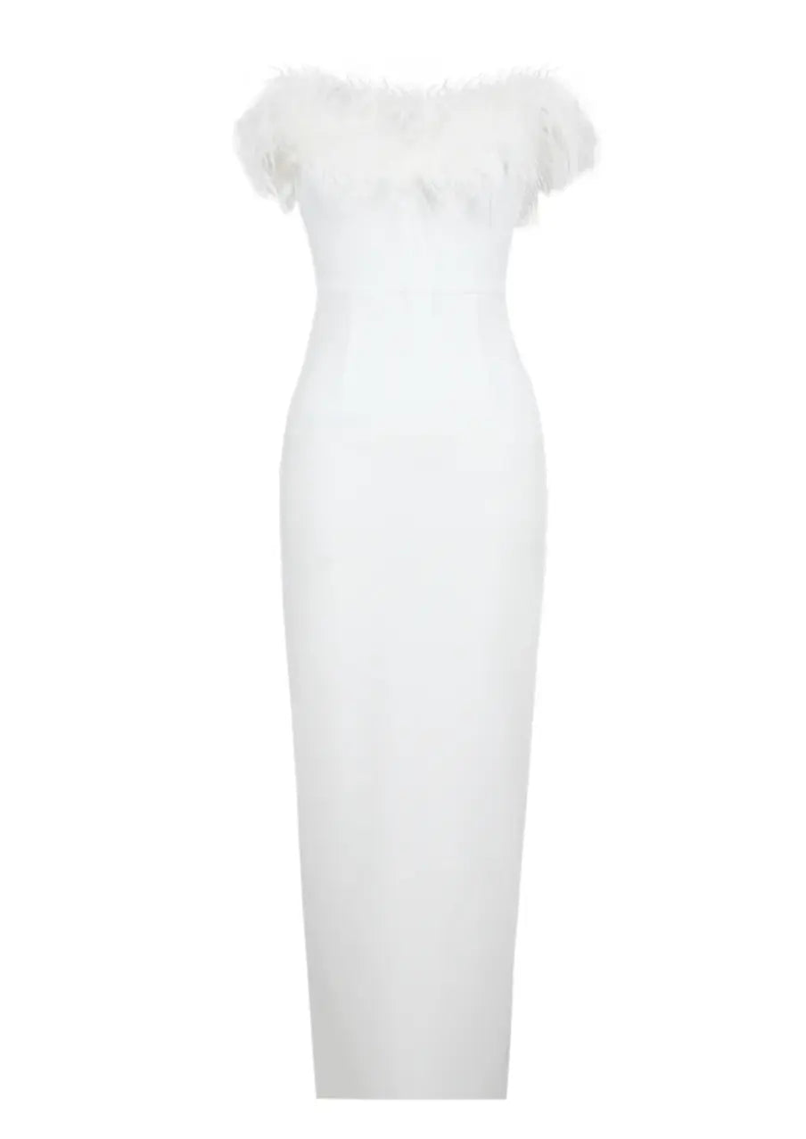 Aurora | Feather Trim Evening Maxi Dress