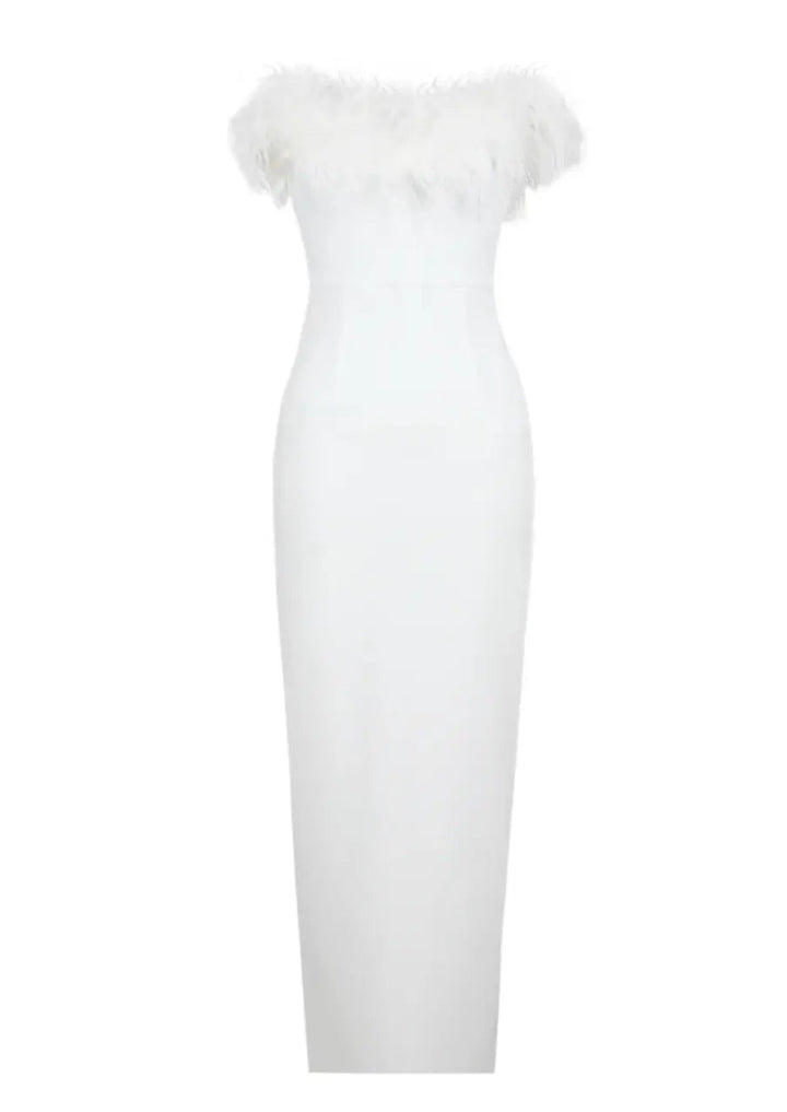 Aurora | Feather Trim Evening Maxi Dress