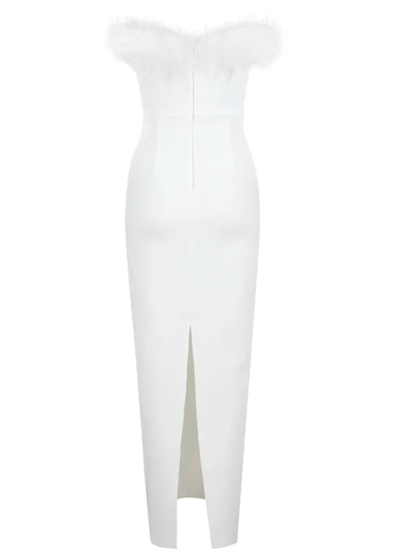 Aurora | Feather Trim Evening Maxi Dress