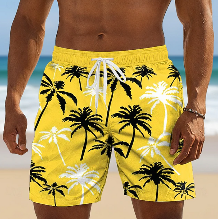 Men's Palm Print Board Shorts with Drawstring Waist