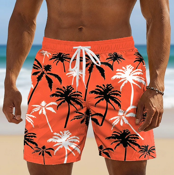 Men's Palm Print Board Shorts with Drawstring Waist