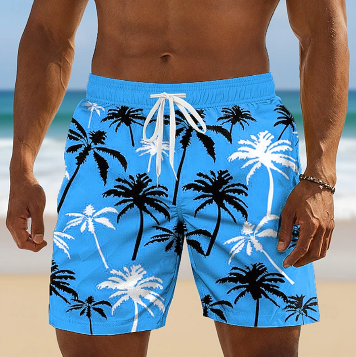 Men's Palm Print Board Shorts with Drawstring Waist
