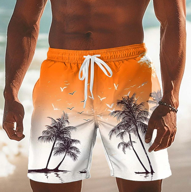 Men's Palm Print Board Shorts with Drawstring Waist