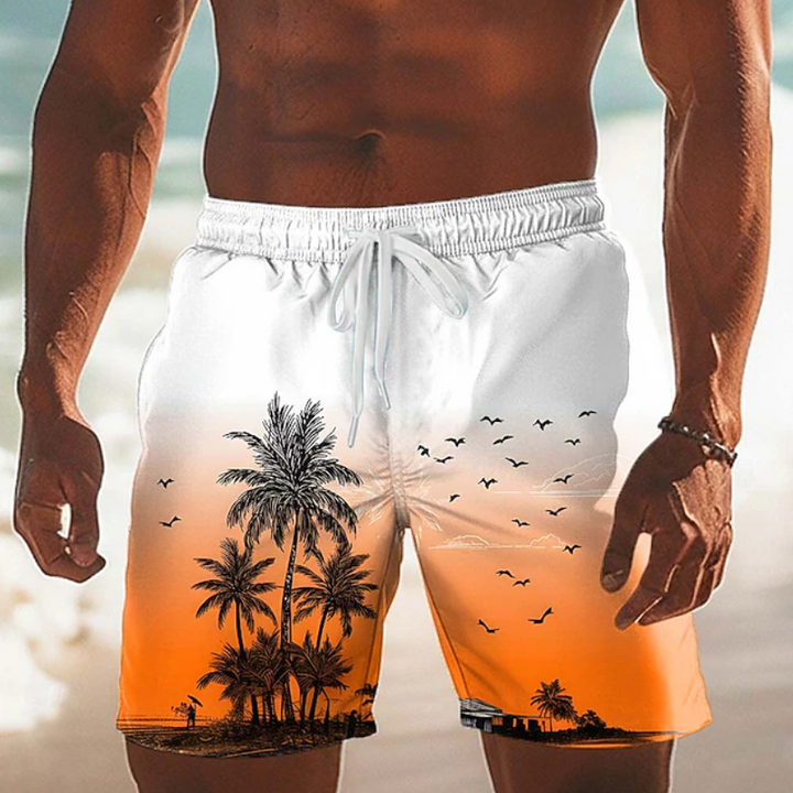 Men's Palm Print Board Shorts with Drawstring Waist