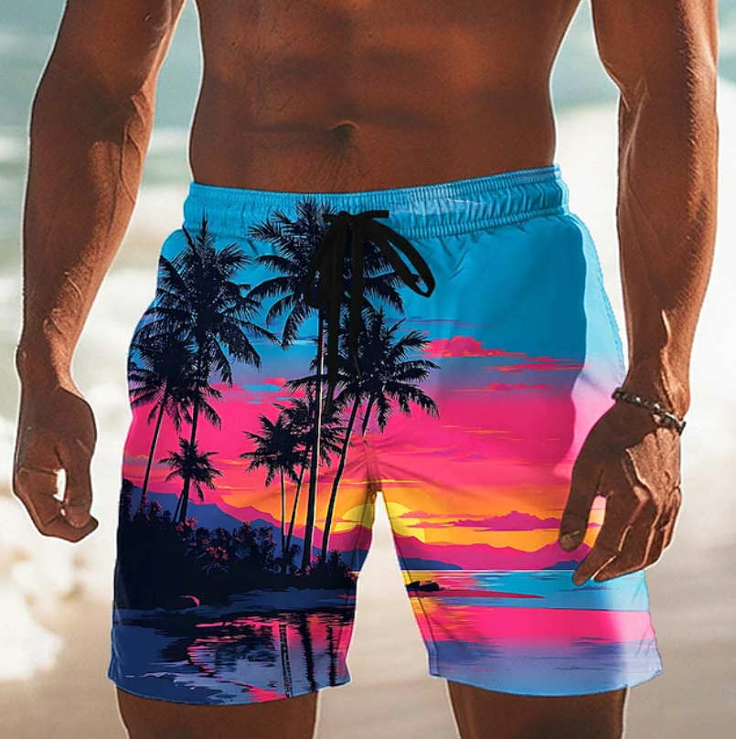 Men's Palm Print Board Shorts with Drawstring Waist