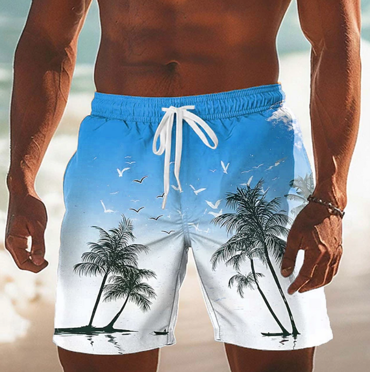 Men's Palm Print Board Shorts with Drawstring Waist