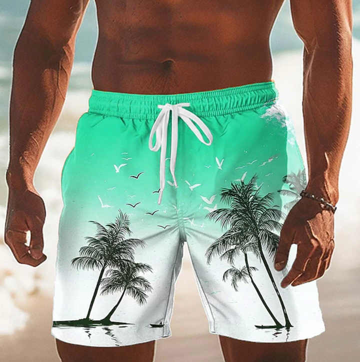 Men's Palm Print Board Shorts with Drawstring Waist