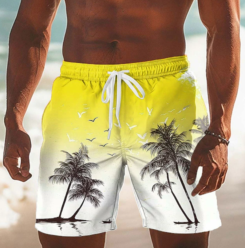Men's Palm Print Board Shorts with Drawstring Waist