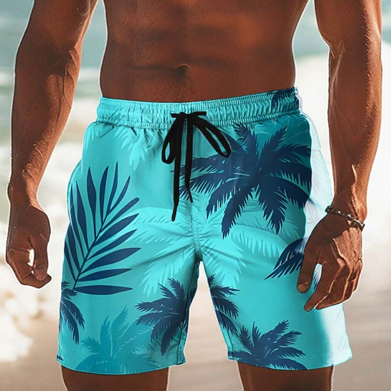 Men's Palm Print Board Shorts with Drawstring Waist