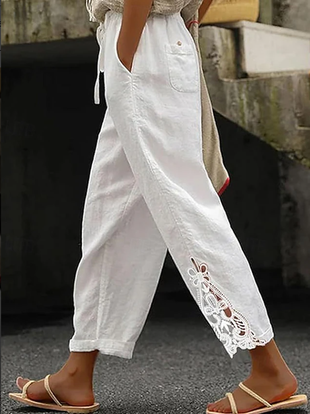 Women's Linen Cropped Pants with Crochet Hem