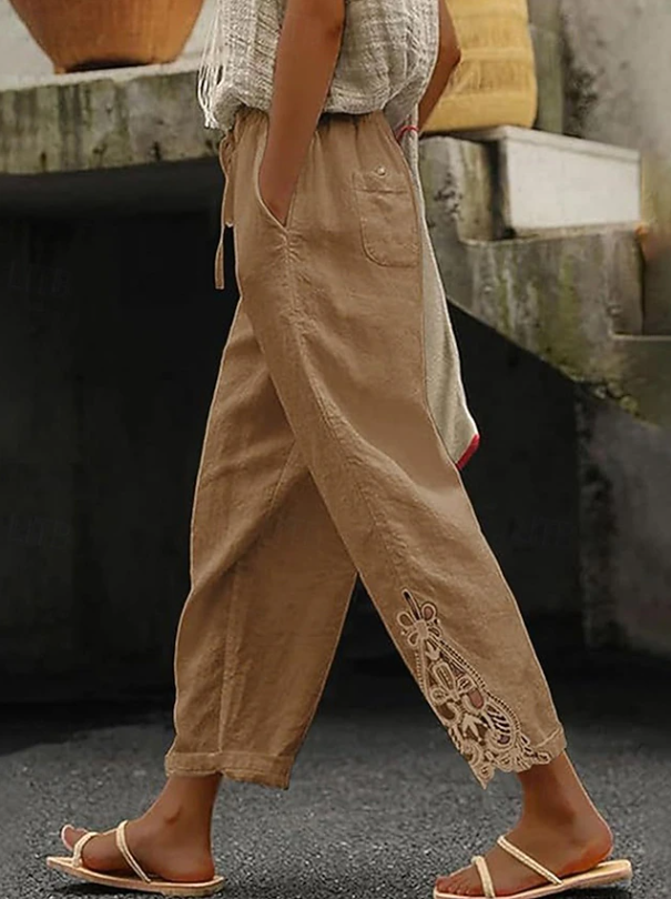 Women's Linen Cropped Pants with Crochet Hem