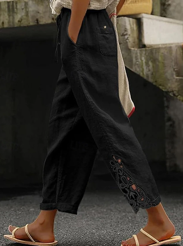 Women's Linen Cropped Pants with Crochet Hem