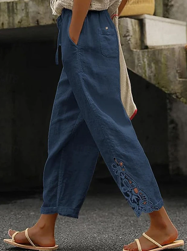 Women's Linen Cropped Pants with Crochet Hem