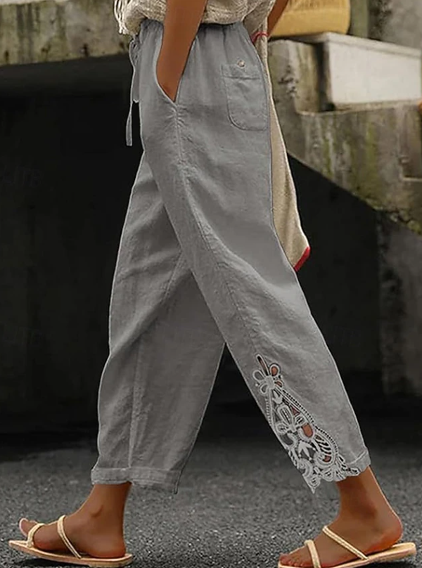Women's Linen Cropped Pants with Crochet Hem