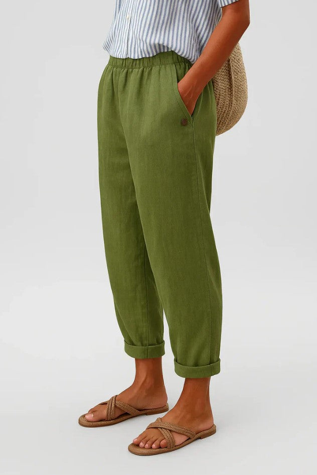 Women's Linen Tapered Pants with Cuffed Hem
