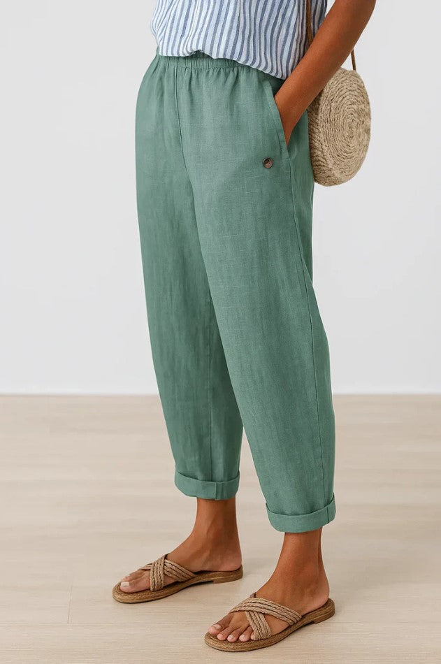 Women's Linen Tapered Pants with Cuffed Hem