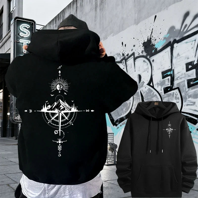 Men's Fleece Compass Graphic Print Pullover Hoodie