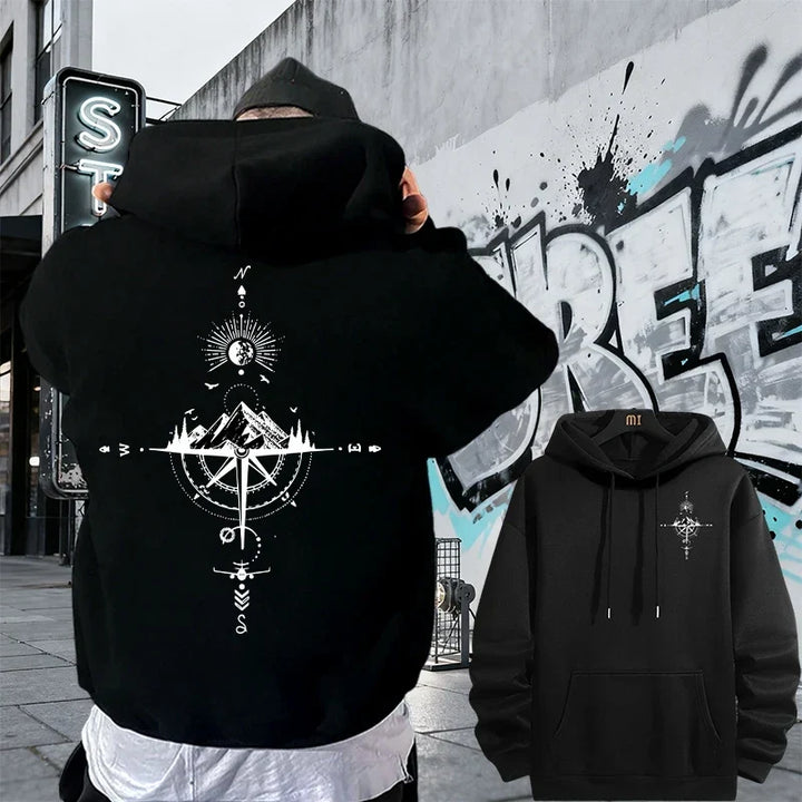Men's Fleece Compass Graphic Print Pullover Hoodie
