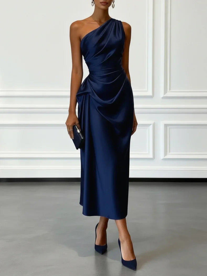 Women's Satin One-Shoulder Cocktail Dress with Draped Waist