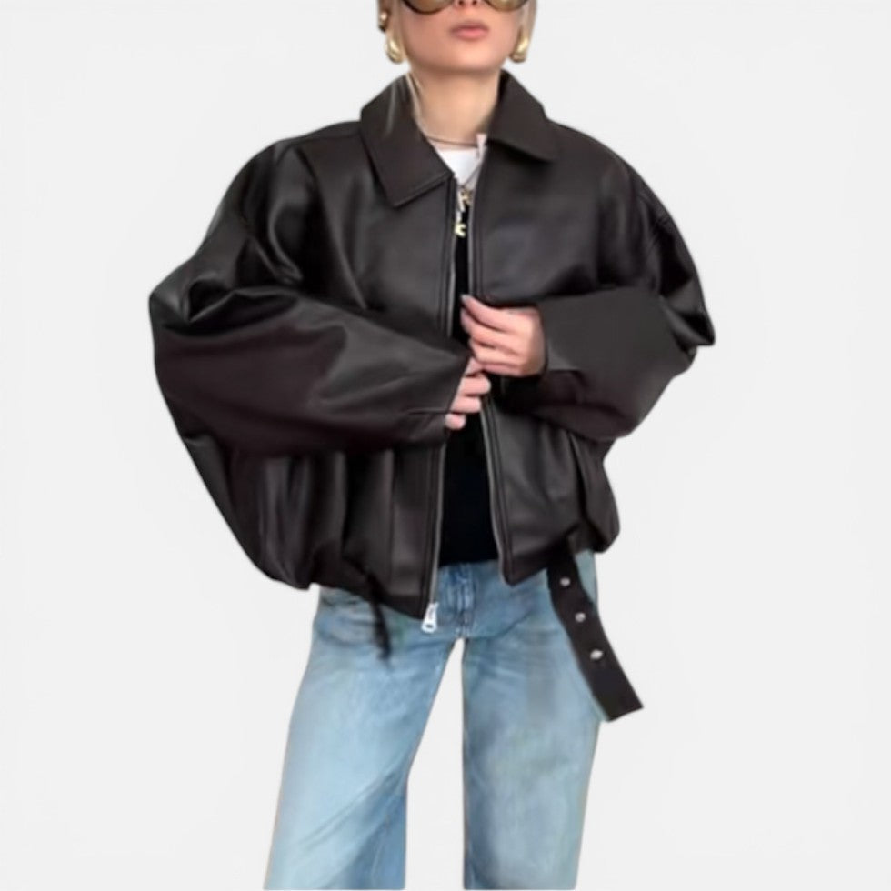 Women's Oversized Belted Bomber Jacket with Zip Front