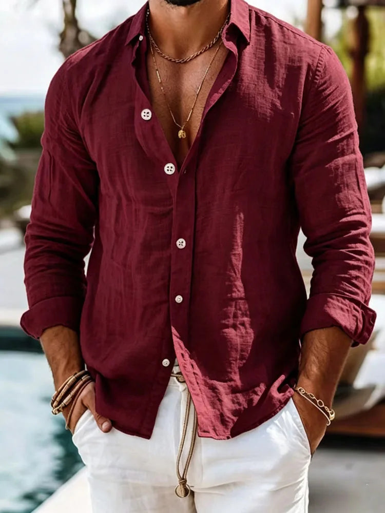 Men's Textured Linen Camp Collar Shirt