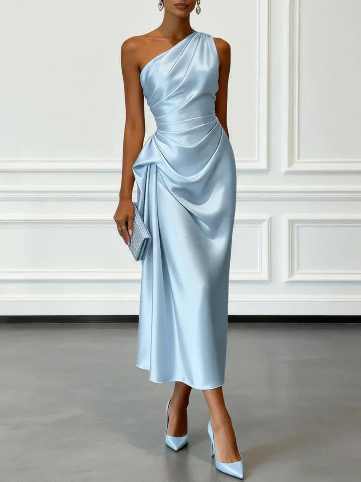 Women's Satin One-Shoulder Cocktail Dress with Draped Waist