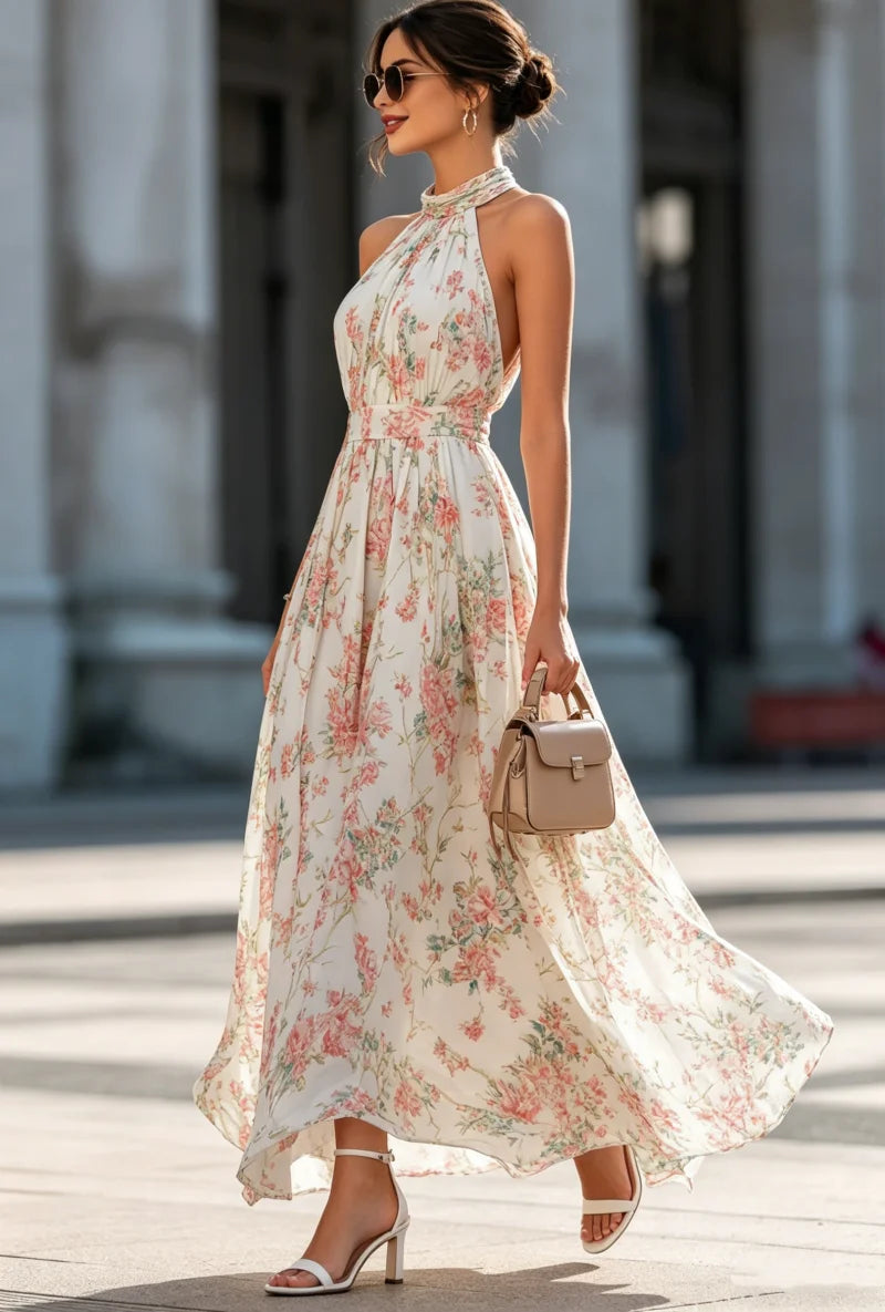 Women's Floral Maxi Dress with Halter Neck