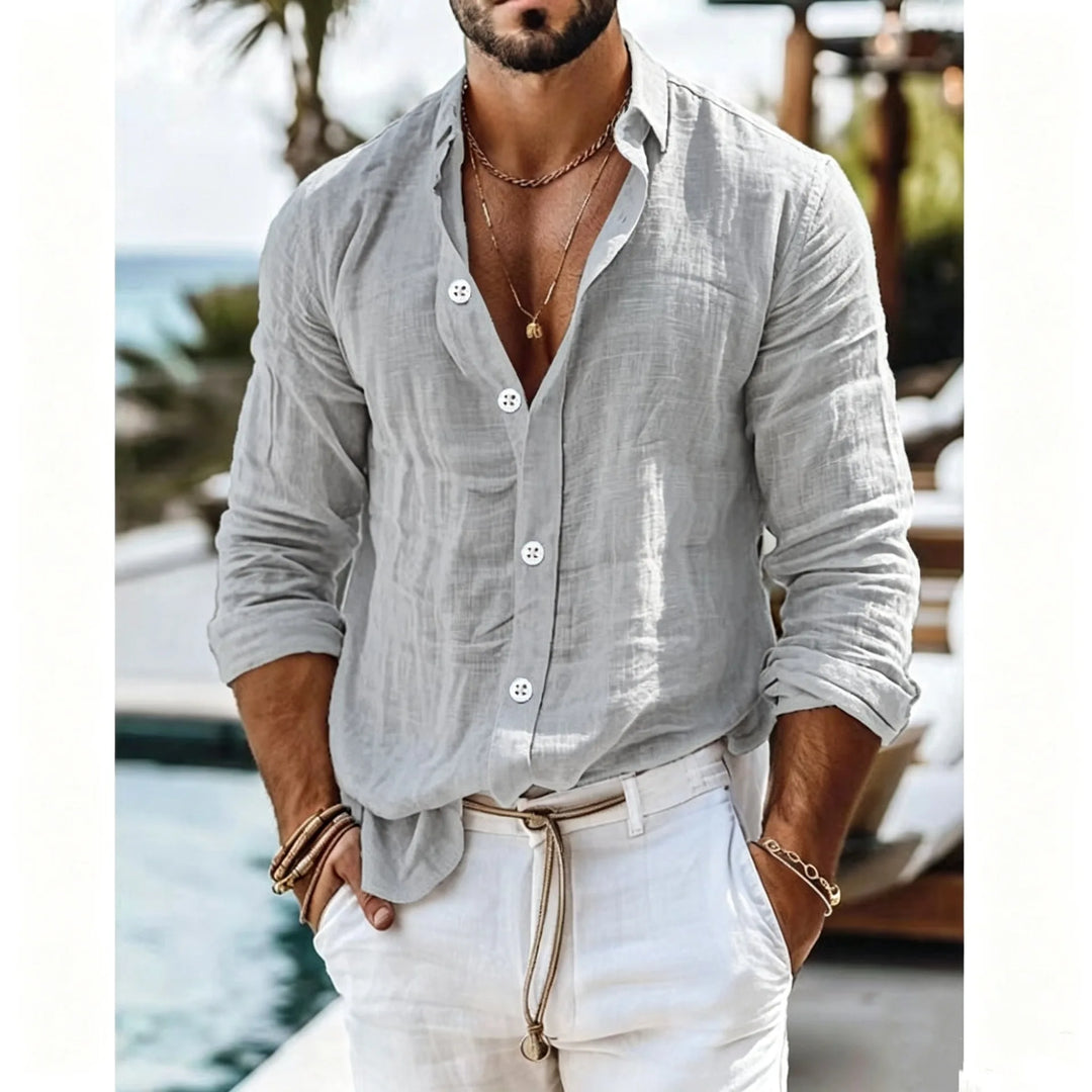Men's Textured Linen Camp Collar Shirt