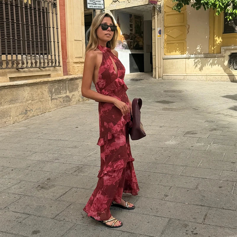 Women's Tiered Ruffle Maxi Dress with Keyhole Neckline