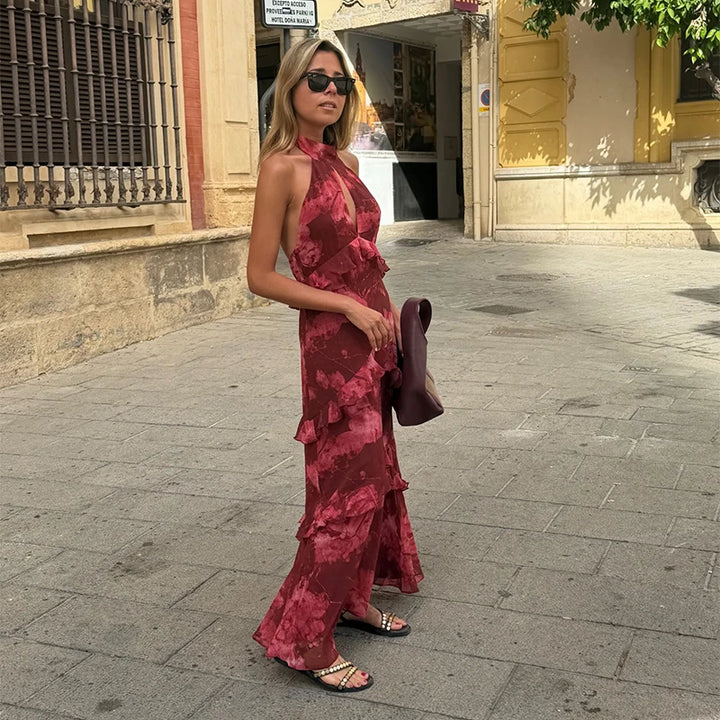 Women's Tiered Ruffle Maxi Dress with Keyhole Neckline