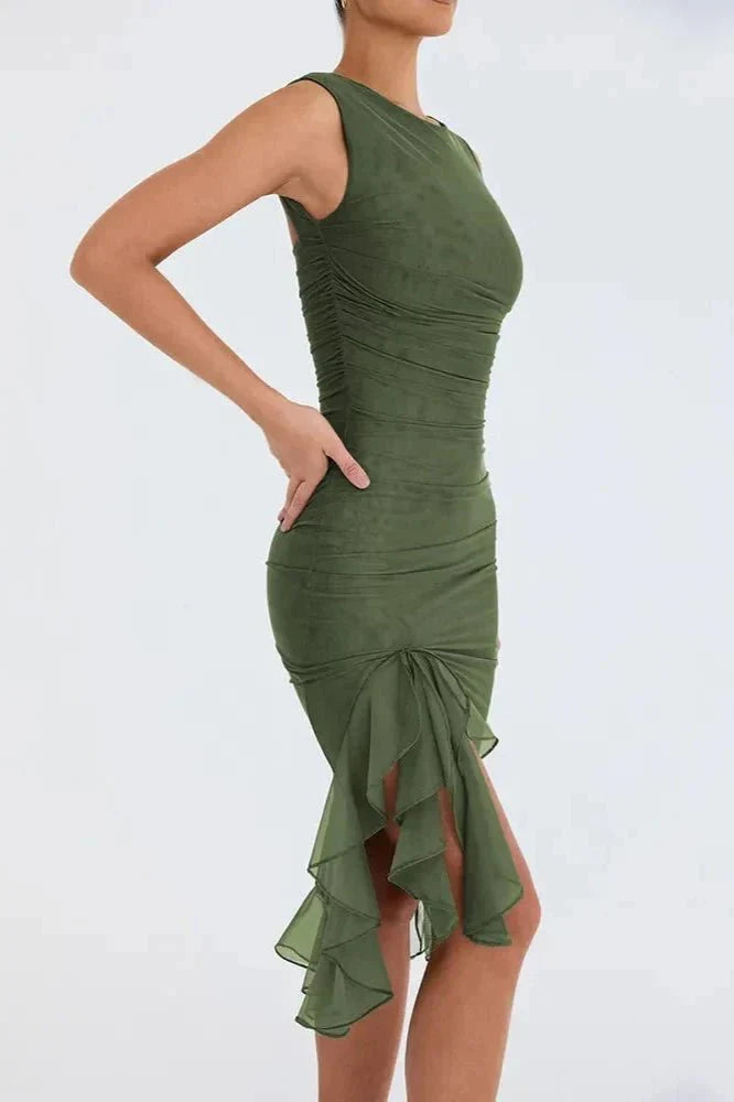 Asymmetric Ruffle Hem Bodocon Midi Dress