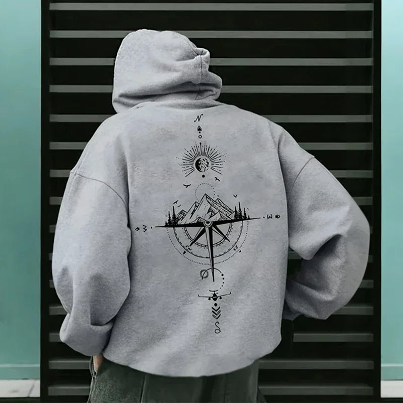 Men's Fleece Compass Graphic Print Pullover Hoodie