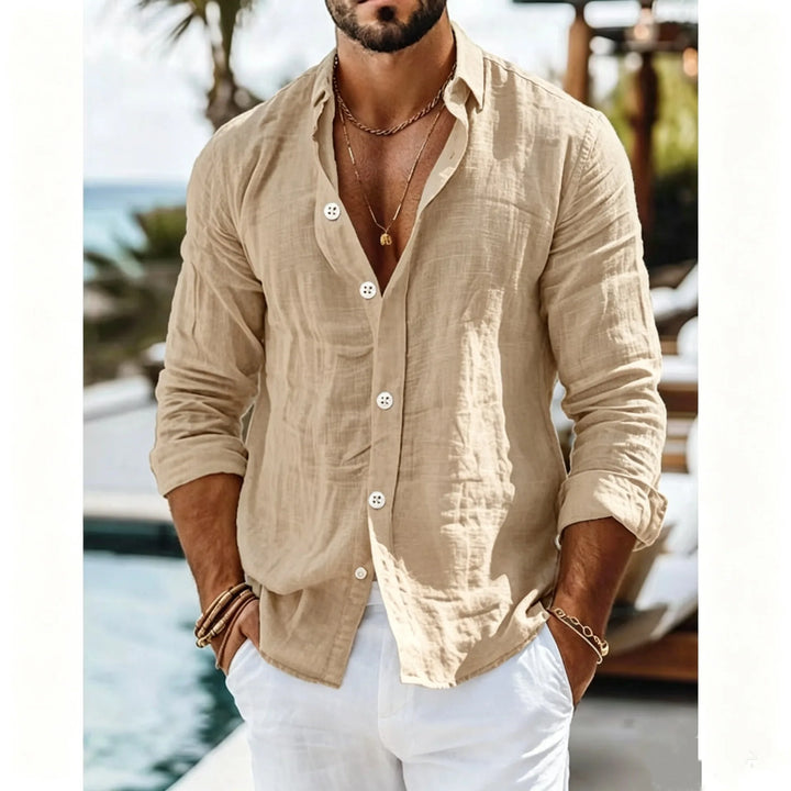 Men's Textured Linen Camp Collar Shirt