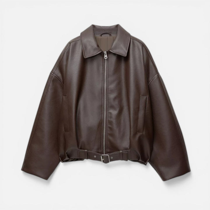 Women's Oversized Belted Bomber Jacket with Zip Front