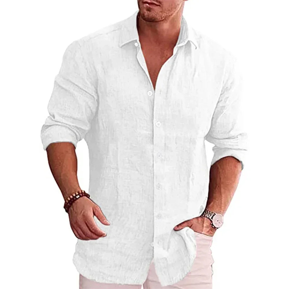 Men's Linen Button-Up Shirt with Chest Pocket