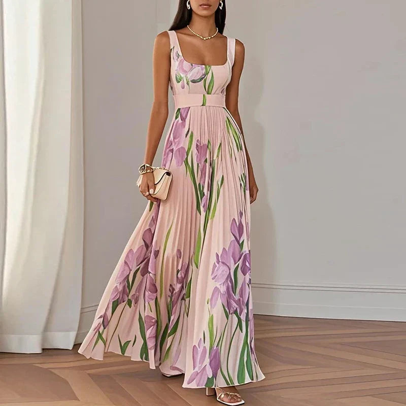 Women's Pleated Floral Maxi Dress with Square Neck