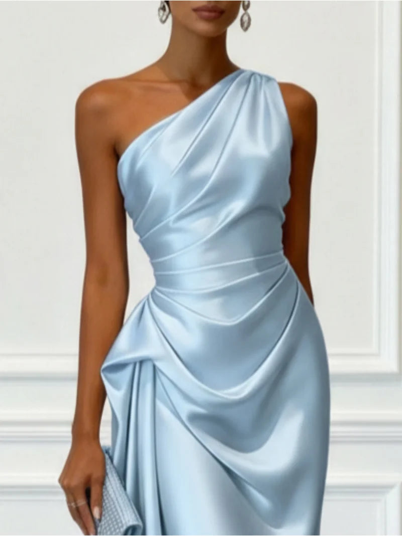 Women's Satin One-Shoulder Cocktail Dress with Draped Waist