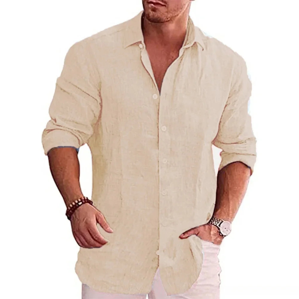 Men's Linen Button-Up Shirt with Chest Pocket